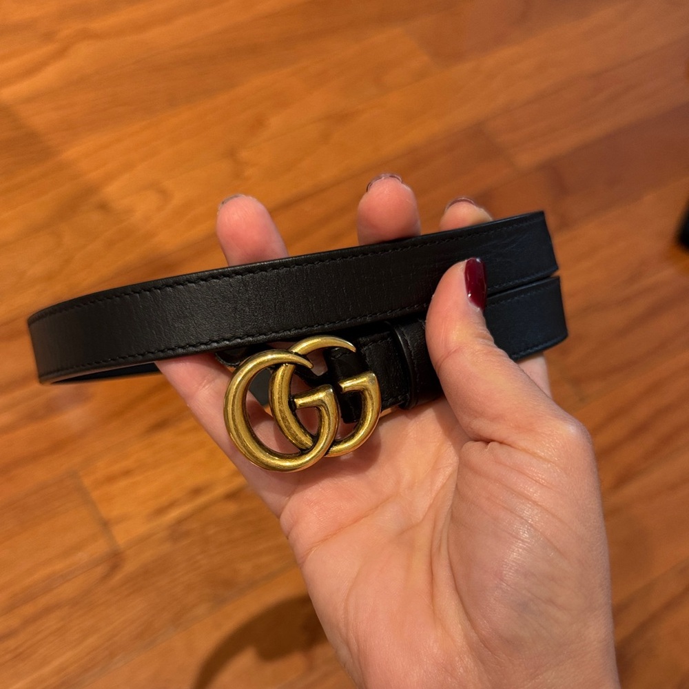 Gucci Black Leather Belt w Antique Gold Double G Buckle includes DUSTBAG 32.5”L